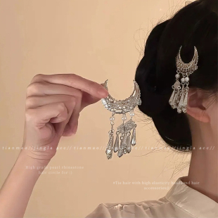 新中式月牙流苏发夹女2026新款高端古风边夹发卡苗族汉服配饰发饰