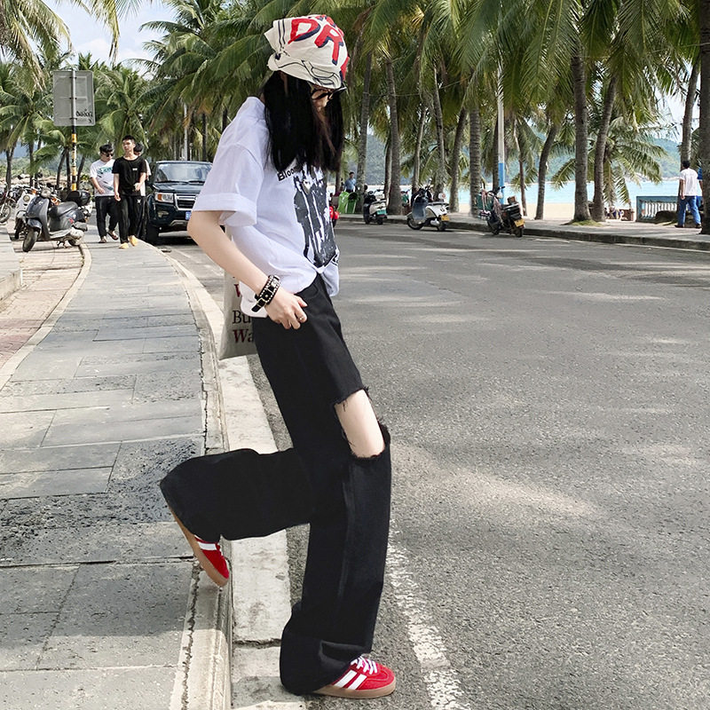 2025春季新款泰兰德街头破洞酷街直筒显瘦设计感女款黑色阔腿牛仔
