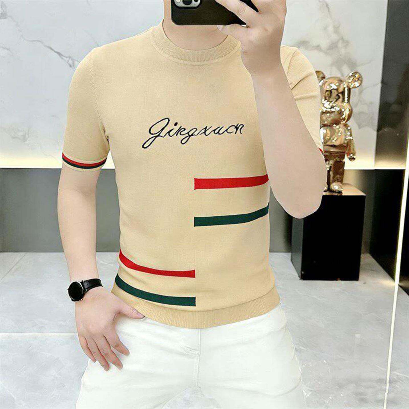 @玟若男装专卖店2026夏季新款男士针织冰丝半袖轻奢修身薄款T恤a2