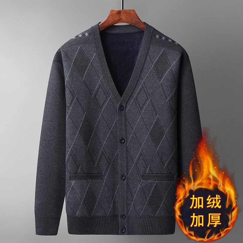 胜荣2025新款男士针织开衫加厚v领中老年爸爸装加绒保暖打底外a76