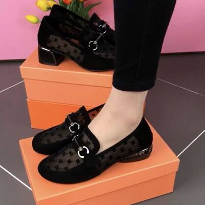 米娅鞋包网纱乐福鞋女夏季新款圆头软底单鞋粗跟镂空防臭清凉鞋a8