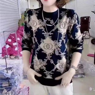 @点击率甄选女装复古印花打底衫秋冬女士圆领长袖T恤百搭显瘦a26