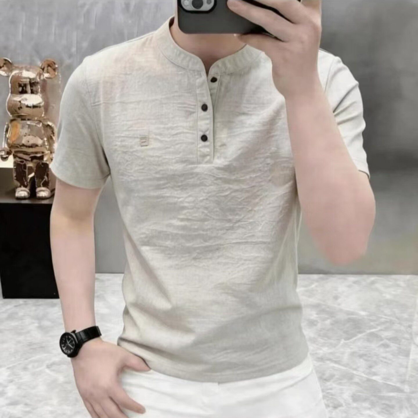 万苏聚好麦男装2026夏季新款男士棉麻短袖薄款立领T恤半袖上衣a1