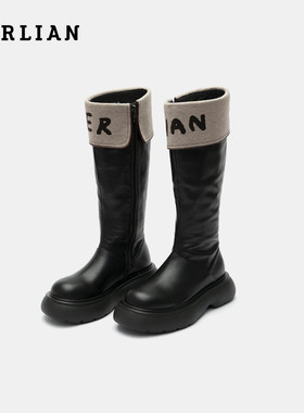 【孟子义同款】HERLIAN 翻边logo时尚高筒厚底雪地靴黑色长靴女