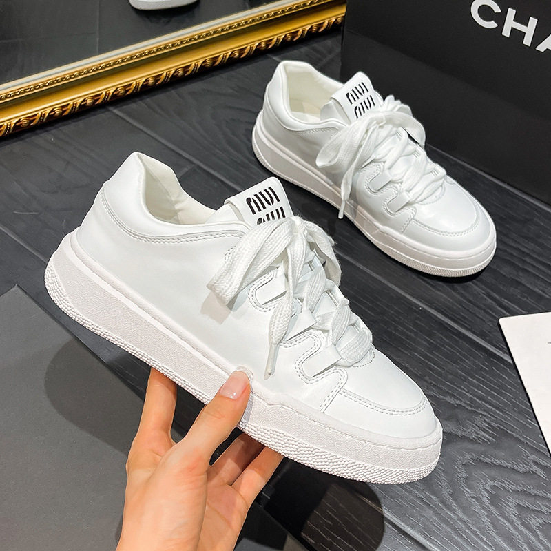 牛皮版~春季新款真皮厚底小白鞋绑带经典百搭休闲板鞋女面包鞋