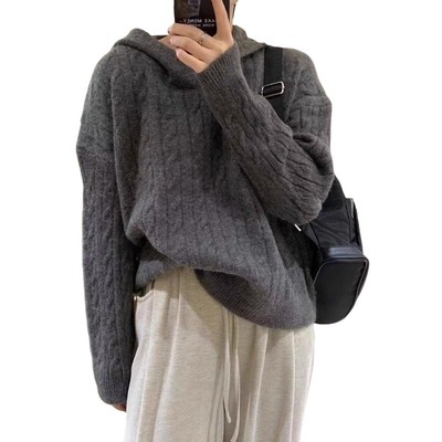 慵懒风复古灰色连帽针织