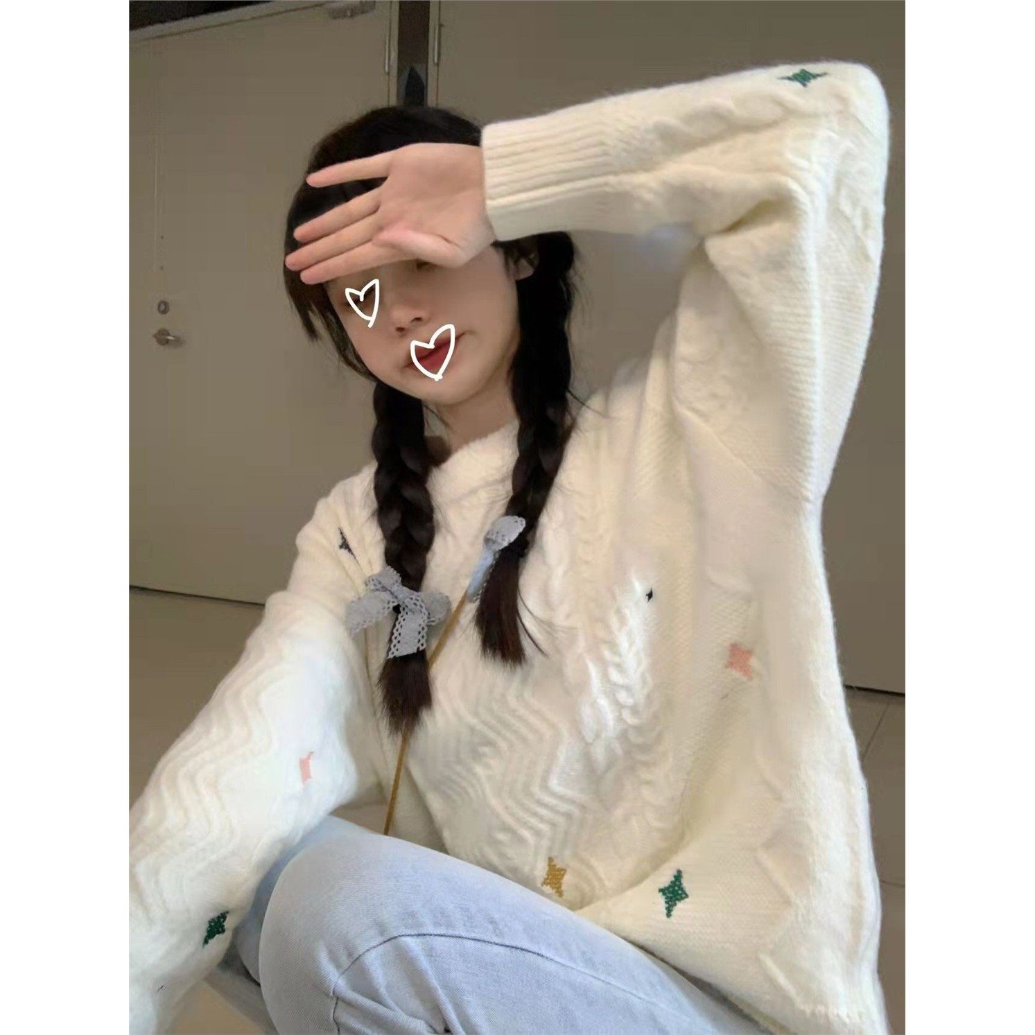 日本风格覆古可爱软蜡捻针织衫秋冬女性慵懒风格宽松套头衫外穿加