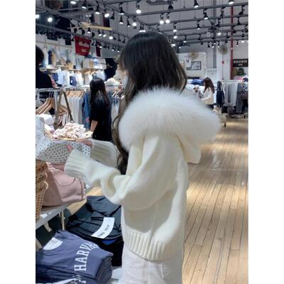 韩系大毛领连帽拉炼慵懒千金风毛衣开衫外套秋冬高级感针织衫上衣