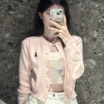 miu系少女粉色针织开衫外套薄款2025早春穿搭小个子短款外搭上衣