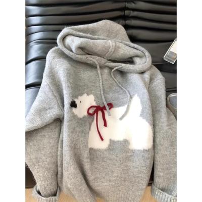 大码灰色小狗连帽套头针