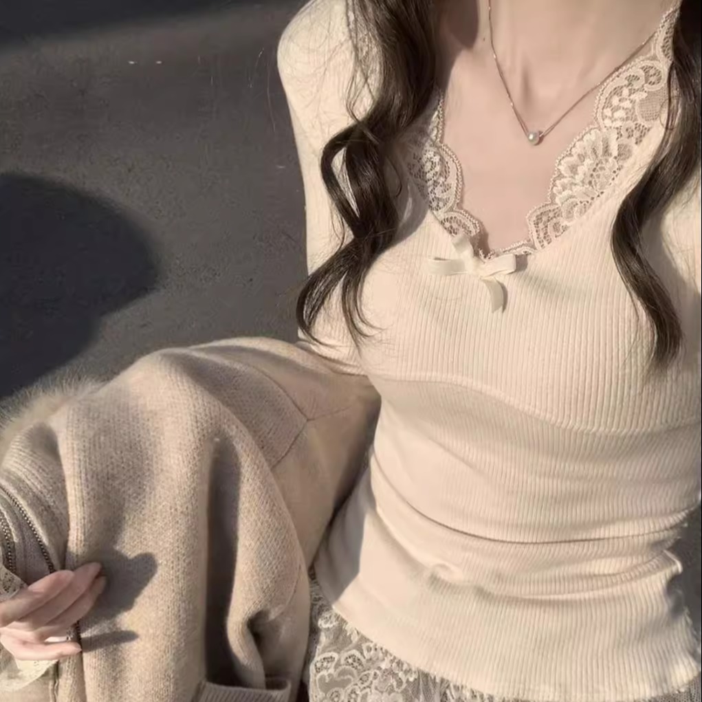 韩系秋冬纯欲蕾丝花边修身针织打底衫内搭上衣毛领开衫毛衣外套装