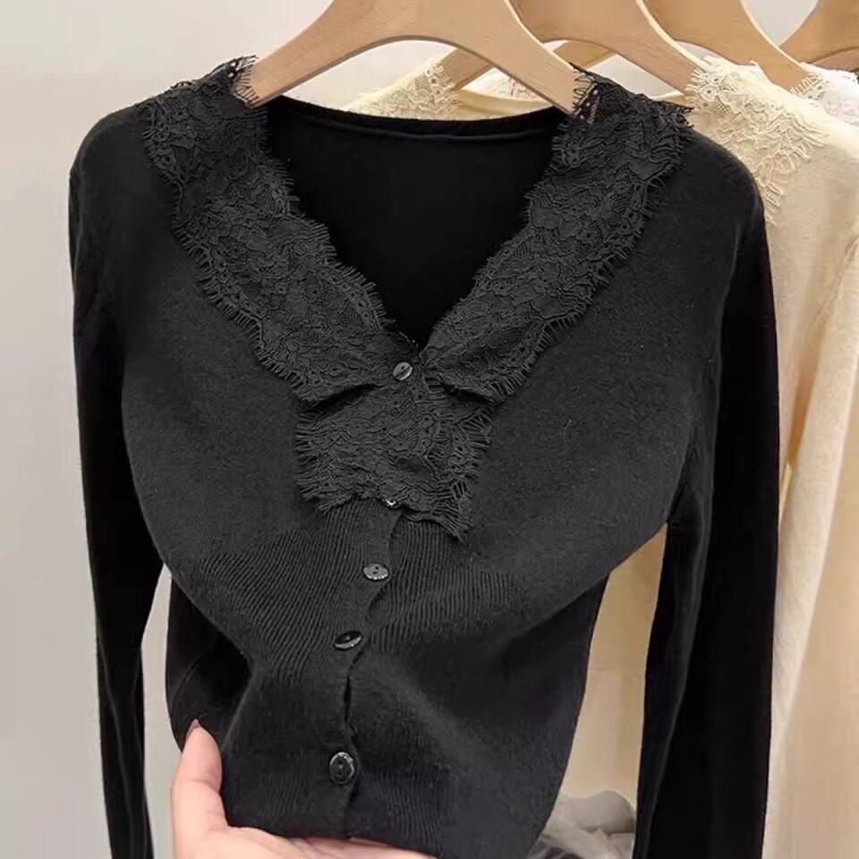 蕾丝V领针织衫女开衫毛衣春秋冬设计感独特别致短款上衣打底衫女
