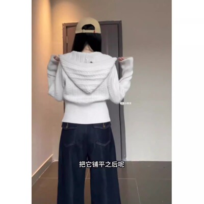 温柔风麻花连帽针织开衫女秋冬韩系慵懒拉链毛衣外套收腰短款上衣