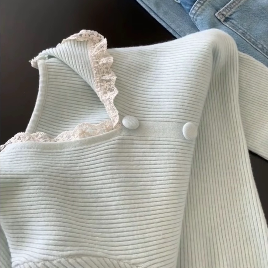 大码胖mm温柔风翻领蕾丝边针织衫女秋冬内搭慵懒感打底衫毛衣上衣