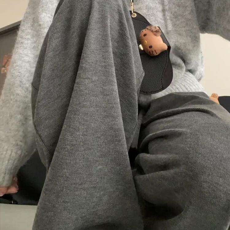 灰色加绒宽松慵懒风阔腿糯米裤女大尺码秋冬小个子胖mm显瘦休闲裤