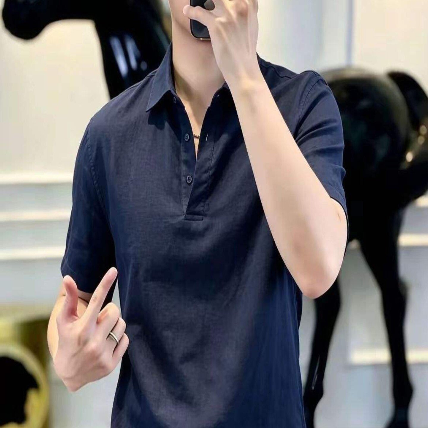 铂瑾甄选男装男士轻薄透气亚麻短袖夏季休闲衬衫纯色宽松POLOa89