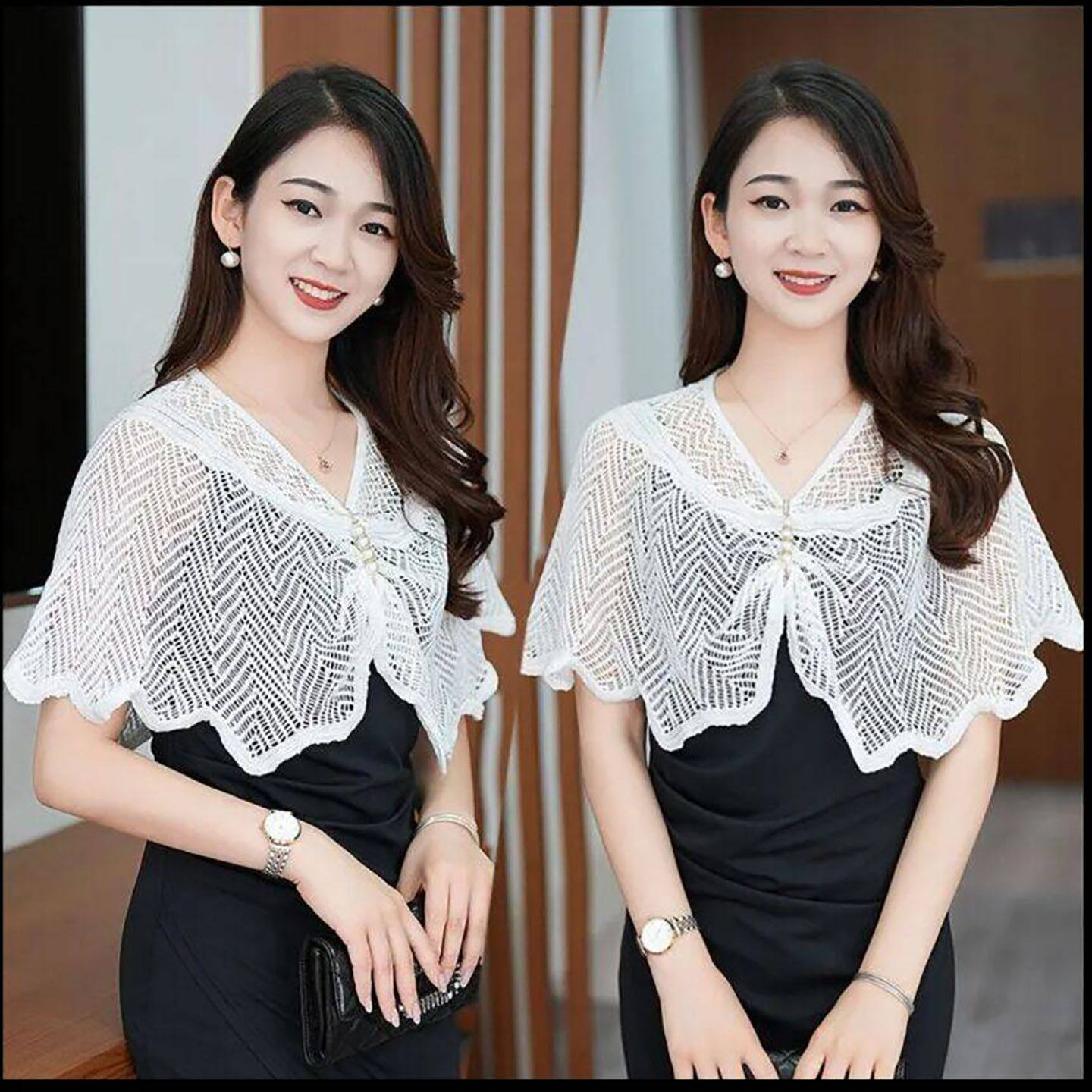 晟萌女装蝴蝶结披肩针织毛衣女士镂空内搭V领罩衫韩版防晒小披a7