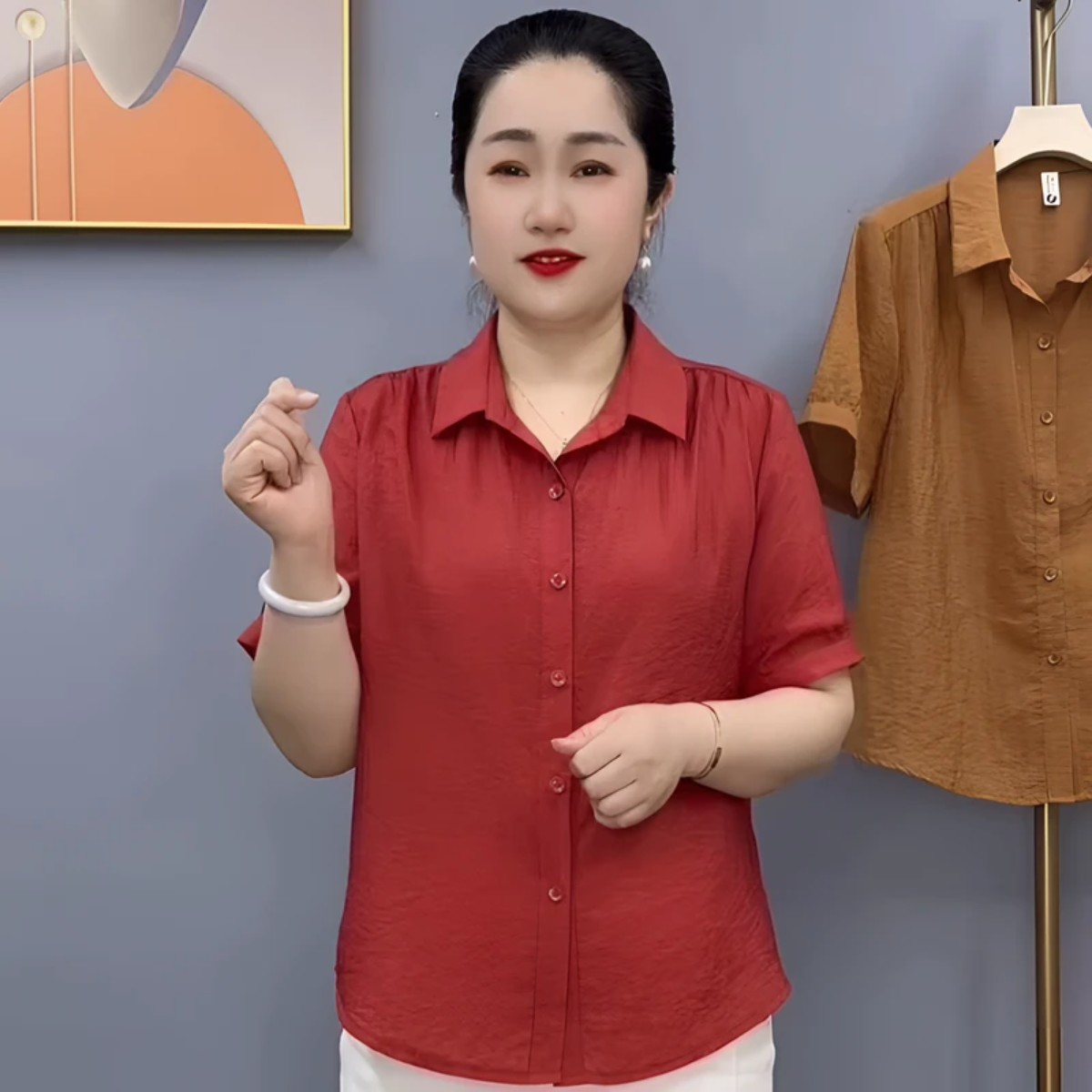 惠姐精品女装时尚洋气百搭气质显瘦妈妈装短袖衬衣511款厂家直a52