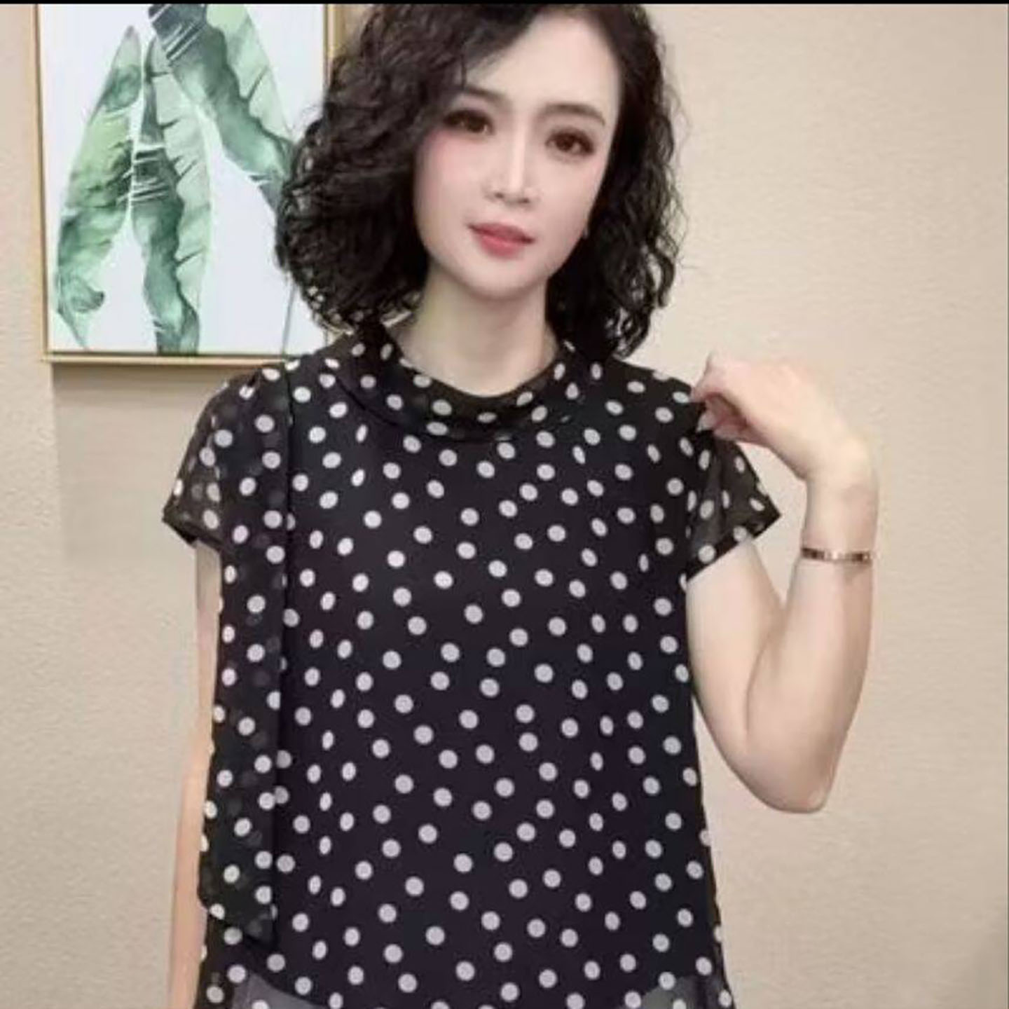 聚光点女装波点妈妈雪纺衫女士拼接显瘦短袖T恤2026夏季新款上a49