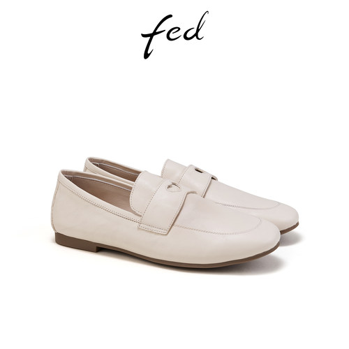 fed白色乐福鞋春季新款女鞋平底通勤鞋真皮单鞋女款FBS739