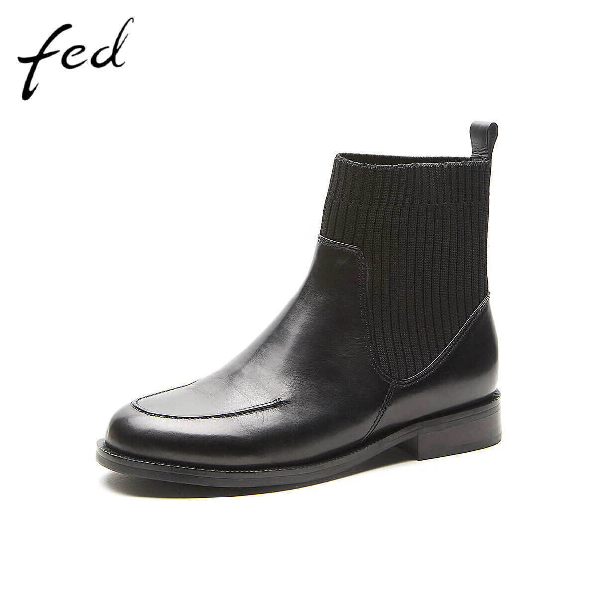 FED头层牛皮女鞋秋冬复古圆头粗跟靴子女短靴瘦瘦切尔西AGB793