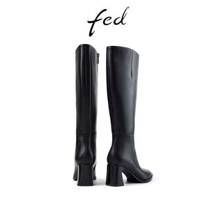 FED黑色骑士靴冬季新款女靴粗高跟时装靴真皮长筒靴女DLS101