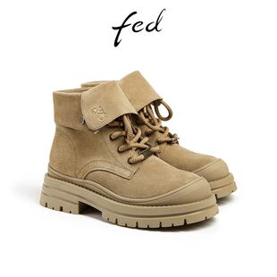 FED厚底马丁靴女秋季新款女靴防滑大黄靴绒面短靴女款DDS633