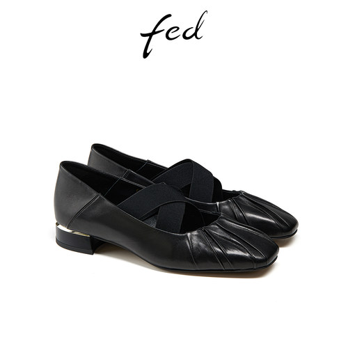 fed方头单鞋春季新款女鞋褶皱玛丽珍鞋黑色芭蕾鞋女款DAR077