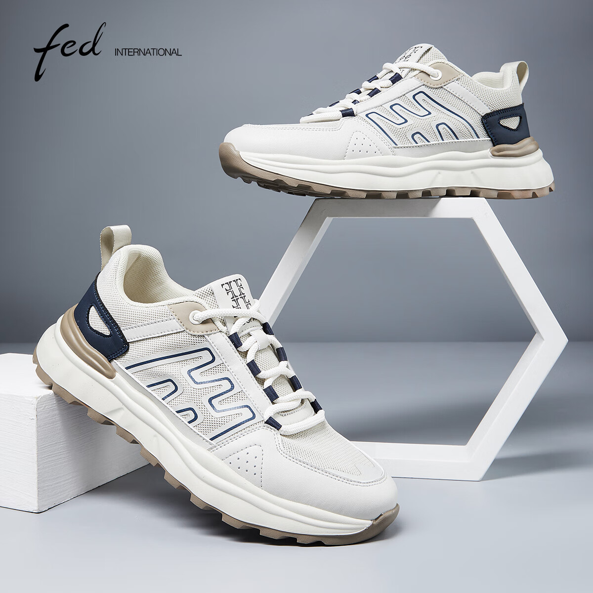 FED男鞋春夏2024新款轻便厚底运动休闲鞋男鞋健步鞋网面DXF013
