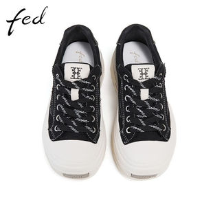FED牛皮帆布女鞋秋季增高厚底运动休闲鞋女士羊皮垫FCS767