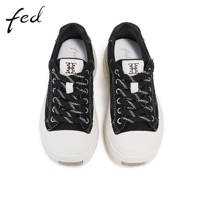 FED牛皮帆布女鞋秋季增高厚底运动休闲鞋女士羊皮垫FCS767