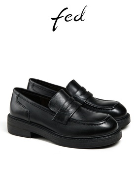 fed黑色小皮鞋春季新款女鞋JK制服鞋真皮厚底乐福鞋女DBS281