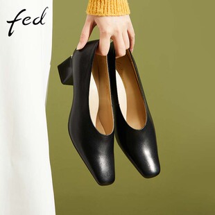 小羊皮粗跟舒适百搭职场通勤女鞋 新款 BGD587 2022夏季 fed浅口单鞋