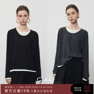 gjhjmiu风羊毛羊绒针织假两件上衣显瘦圆领撞色套头长袖 T打底衫