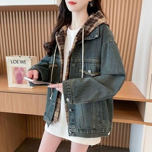 洋气复古牛仔外套女2025春装 初中高中学生少女假两件夹克上衣 新款