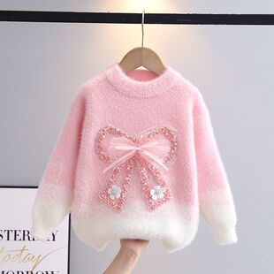 安阳童装女童毛衣水貂绒秋冬2025新款加绒儿童女款中大童蝴蝶结针