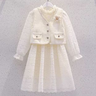 女童连衣裙两件套2025新款时尚儿童洋气小香风马甲外套公主风裙子