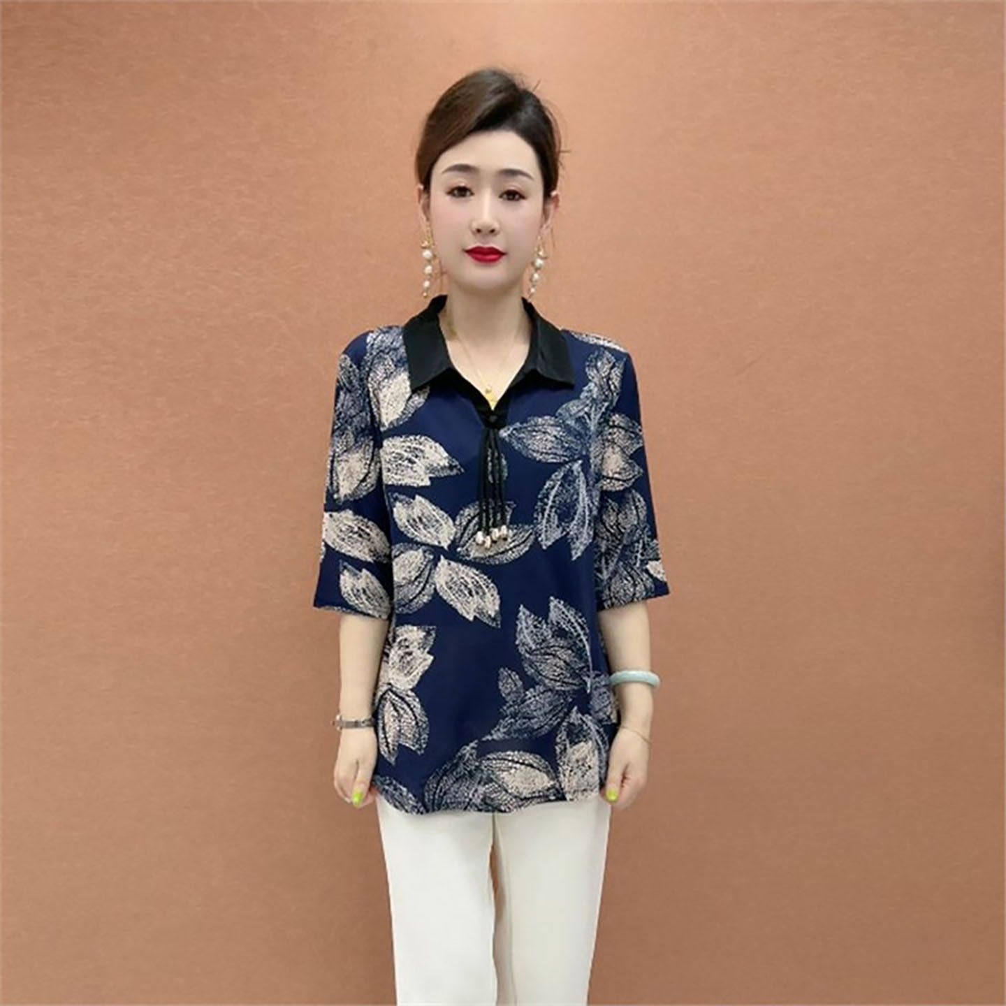 云佳麦德好女装翻领印花中袖小衫夏季女士款气质短袖休闲洋气上a3
