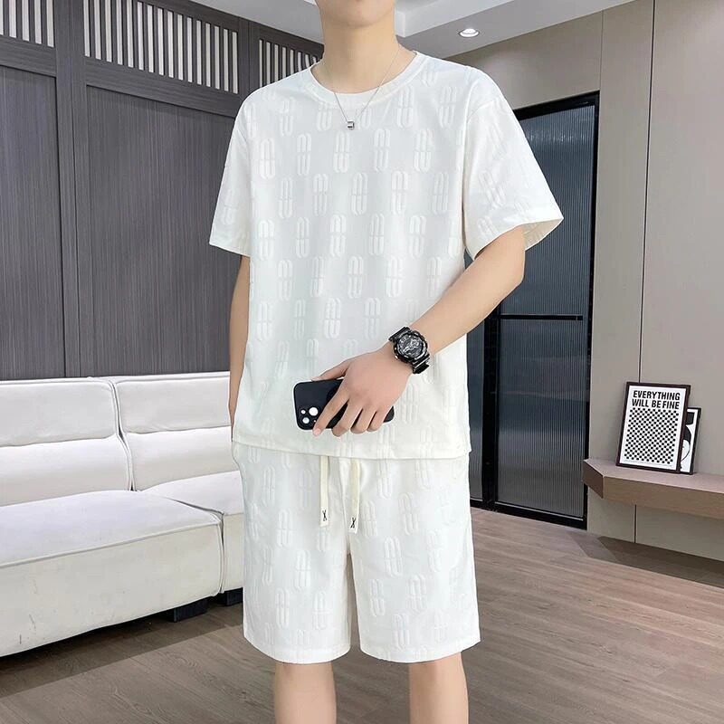 恒之智夏季冰丝套装男装2026休闲装提花钢印短袖t恤男士短裤套a9
