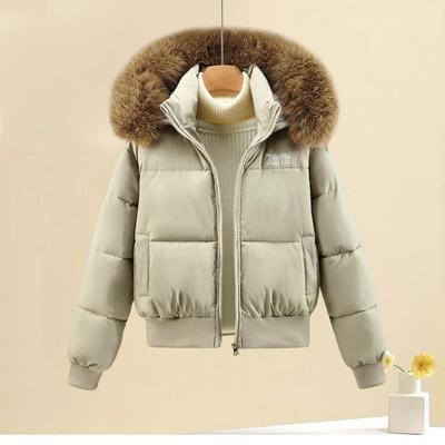 黑色大毛领连帽羽绒棉服女短款2025年冬季韩版收腰棉衣小个子外套