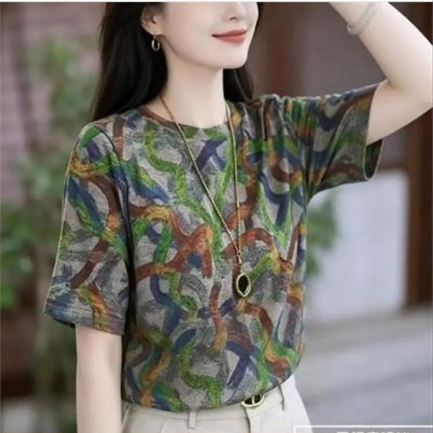 映阳女装复古印花短袖T恤夏季女士款纯棉半袖上衣2026新款妈妈a7