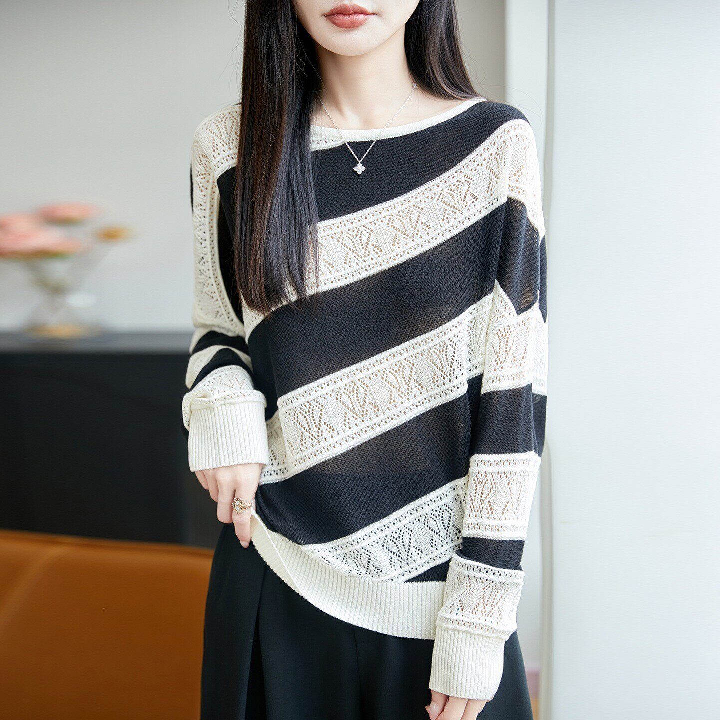 复古老钱风条纹镂空天丝亚麻针织衫女短袖钩花透气撞色蝙蝠袖上a5