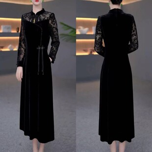 点击率女装重磅钉珠旗袍连衣裙秋冬女士蕾丝植绒长裙气质优雅a70