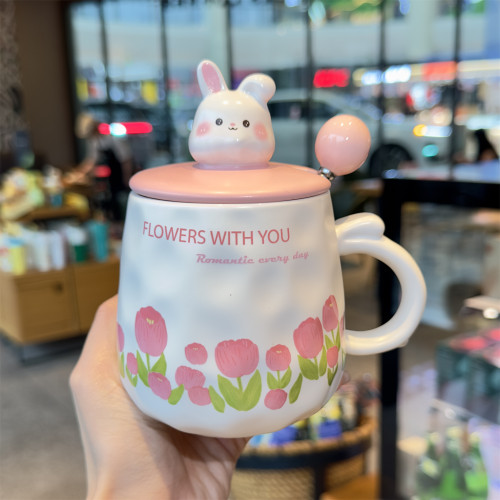可爱兔子陶瓷马克杯带盖勺