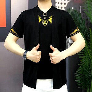 雪溪甄选男装玟若男士高档时尚夏季半袖潮流假两件休闲短袖T恤a3