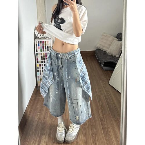 Dcorhy【免费送皮帘】撞色格纹裙摆泼墨牛仔七分裤女美式复古7a3