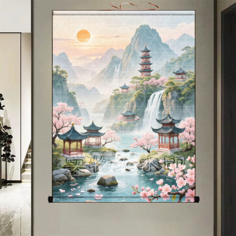 出马堂山水画挂画客厅背景墙装饰画聚财风水画玄关风景图卷轴画