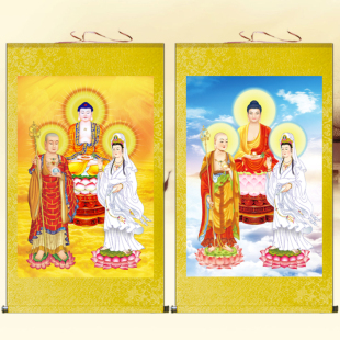 娑婆三圣挂画地藏王观世音菩萨佛像画释迦牟尼佛寺庙装饰卷轴画