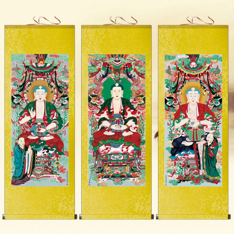 三方佛客厅装饰画三宝佛挂画卷轴