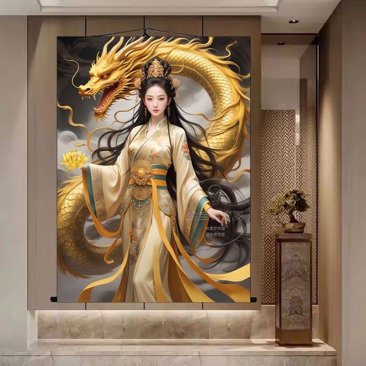 新款龙女画像挂画招财出马堂口装饰画龙家仙真身卷轴画三尺三定制